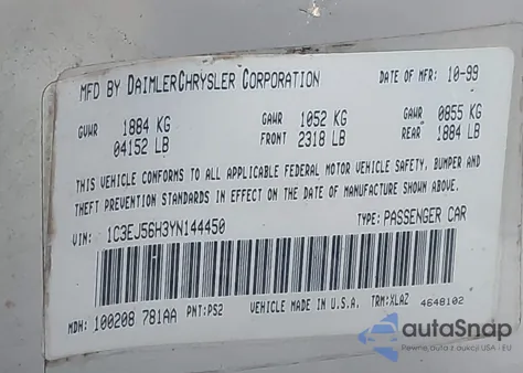 2000 Chrysler Cirrus Lxi из США, поврежденный, VIN 1C3EJ56H3YN144450